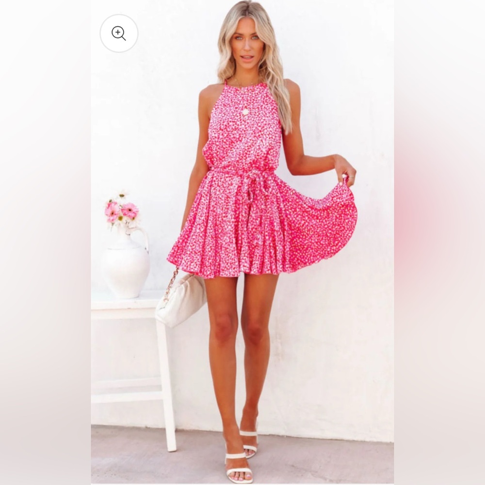 Pink Printed Halter Summer Dress